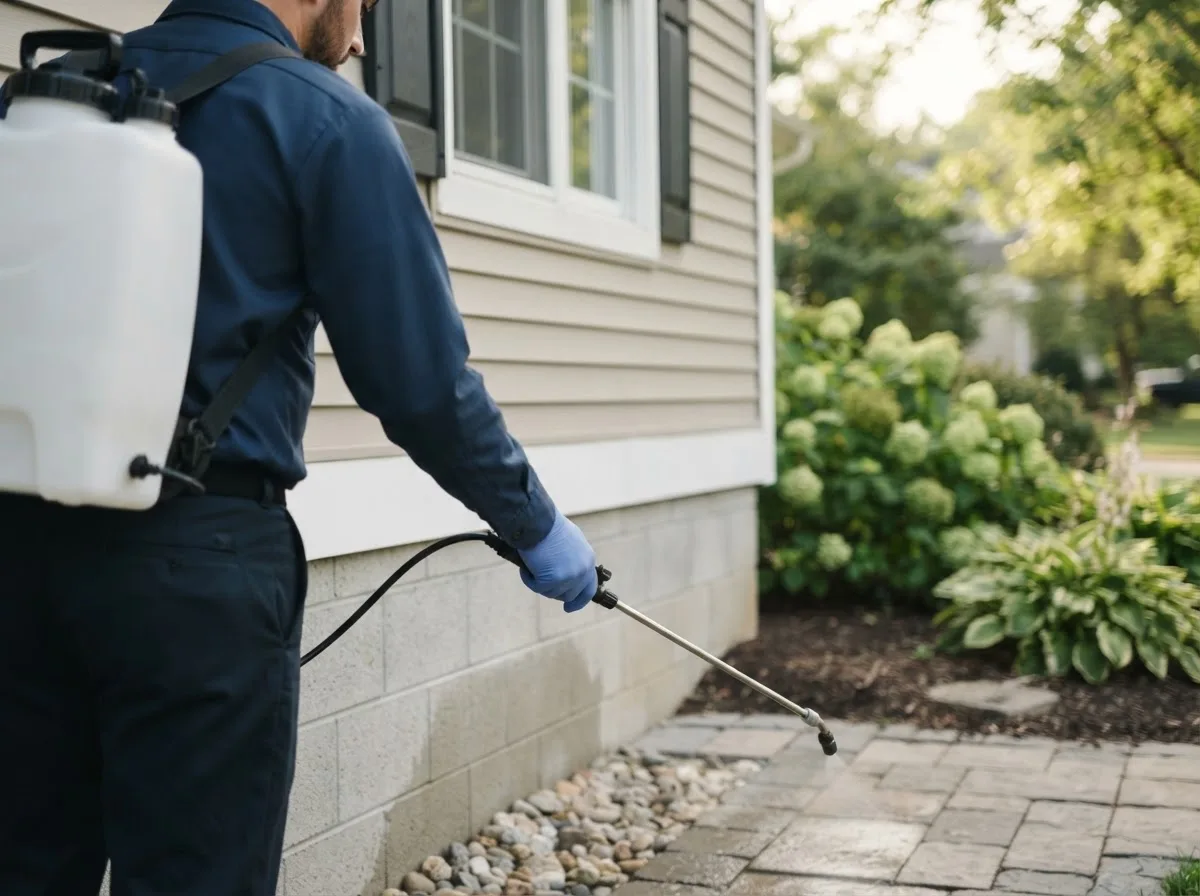 Pest control technician inspecting a home in Pelkie, MI